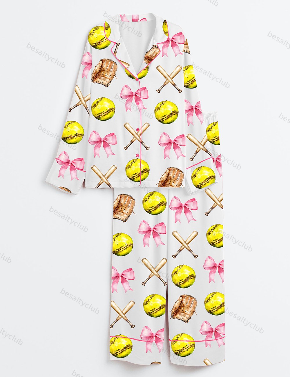 Softball Pink Coquette Bow Long Sleeve Satin Pajama Set