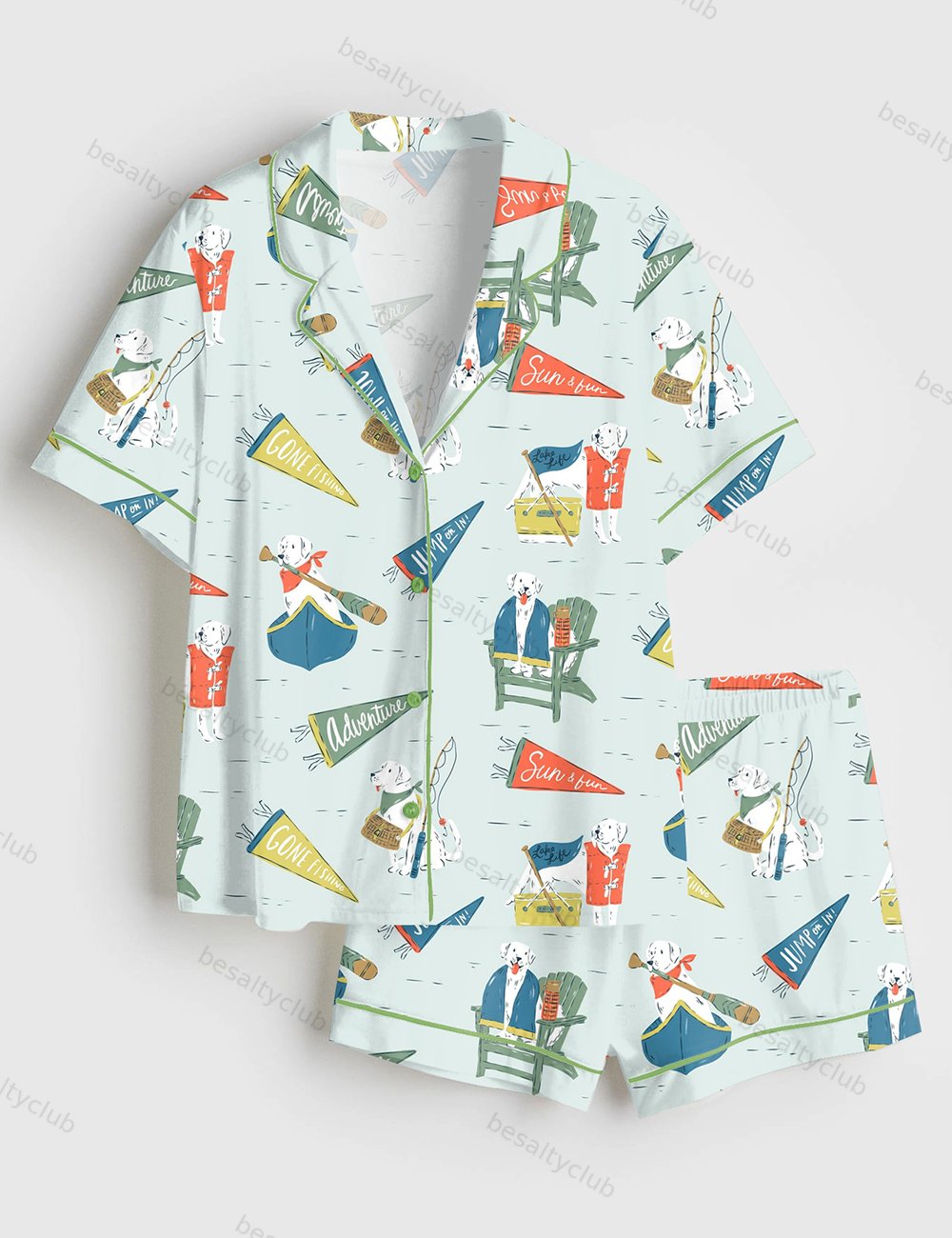 Lake Life Dog Art Lakeside Summer Art Lake House Fishing Camp Canoeing Short Sleeve Satin Pajama Set