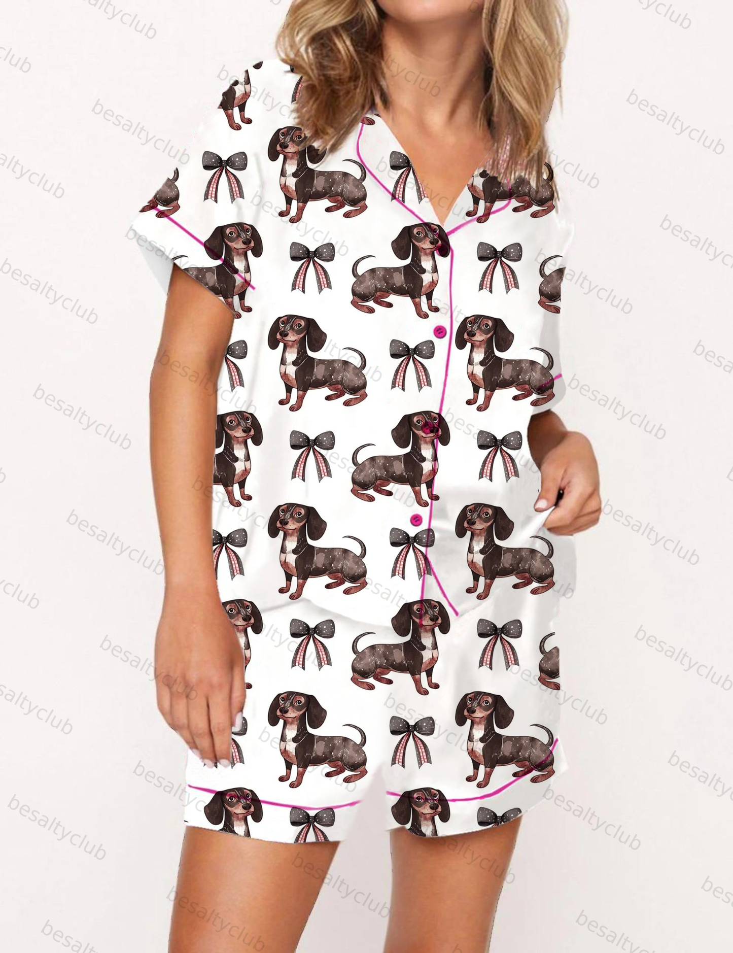 Bow Dachshund Pattern Satin Pajama Short Set