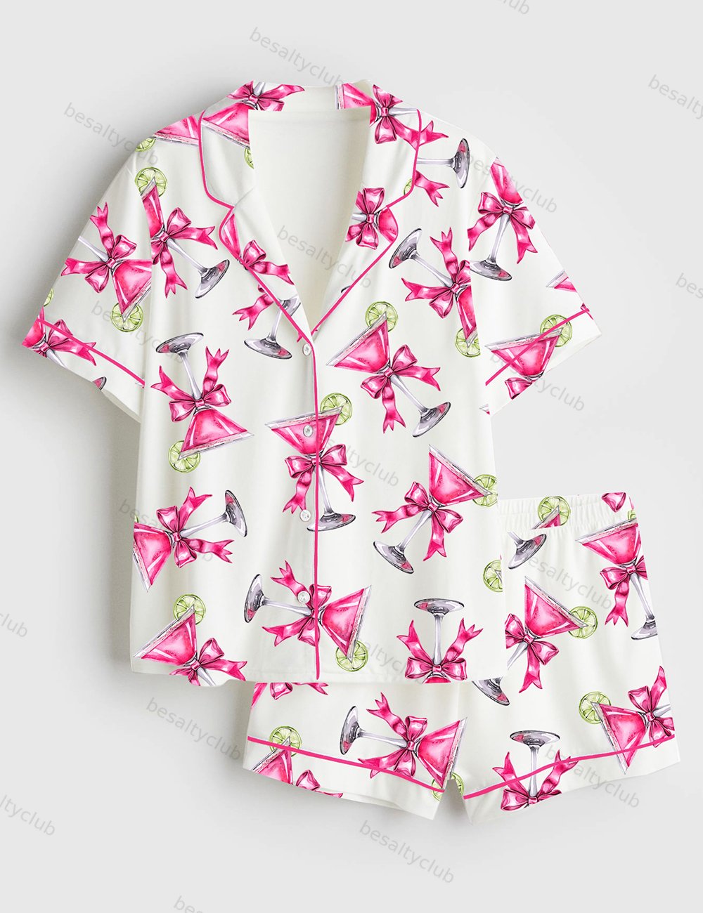 Cosmopolitan Martini Glass With Lime And Bow Short Sleeve Satin Pajama Set