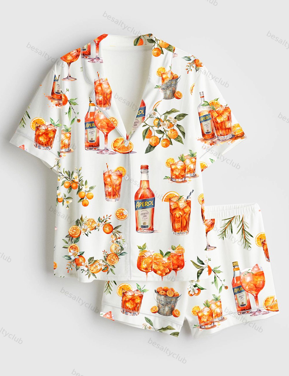 Watercolour Aperol Spritz Fruit Cocktail Watercolour Orange Wreath Mediterranean Print Short Sleeve Satin Pajama Set