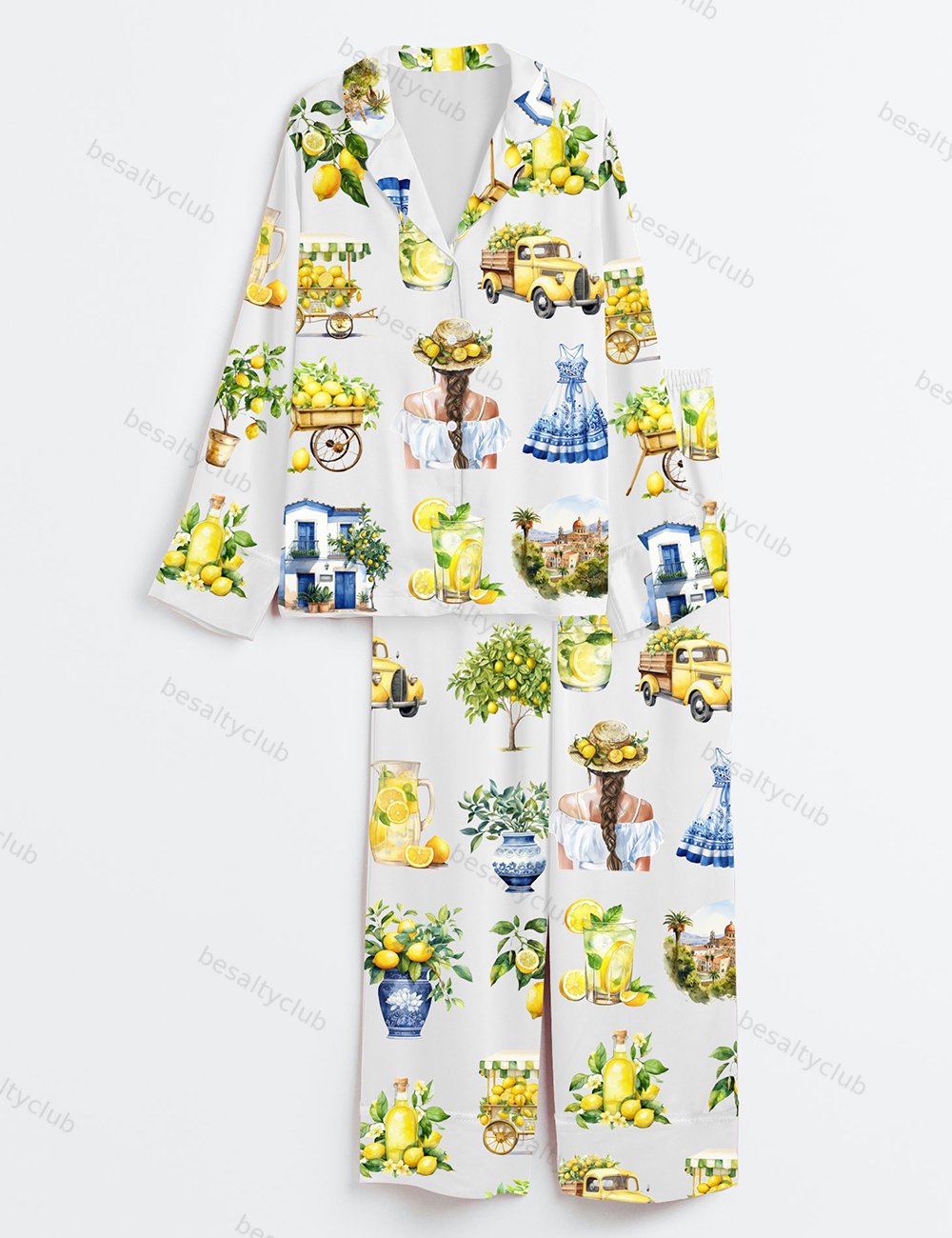 Watercolor Lemon Fruit Lemon Drop Martini Mediterranean Summer Ocean Beach Vibes Print Long Sleeve Satin Pajama Set