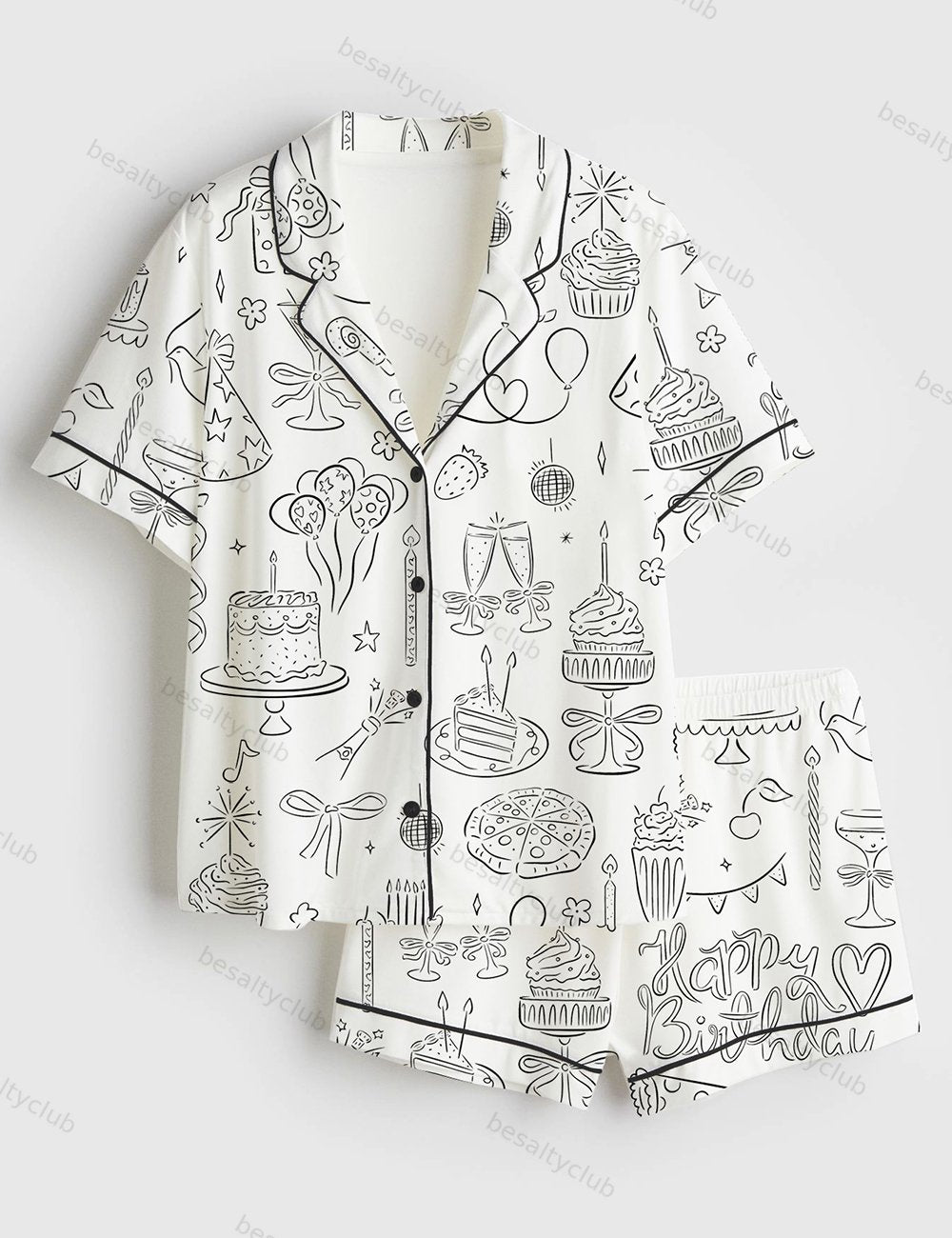 Whimsical Birthday Hand Drawn Birthday Illustrations Party Doodles Birthday Celebration Short Sleeve Satin Pajama Set