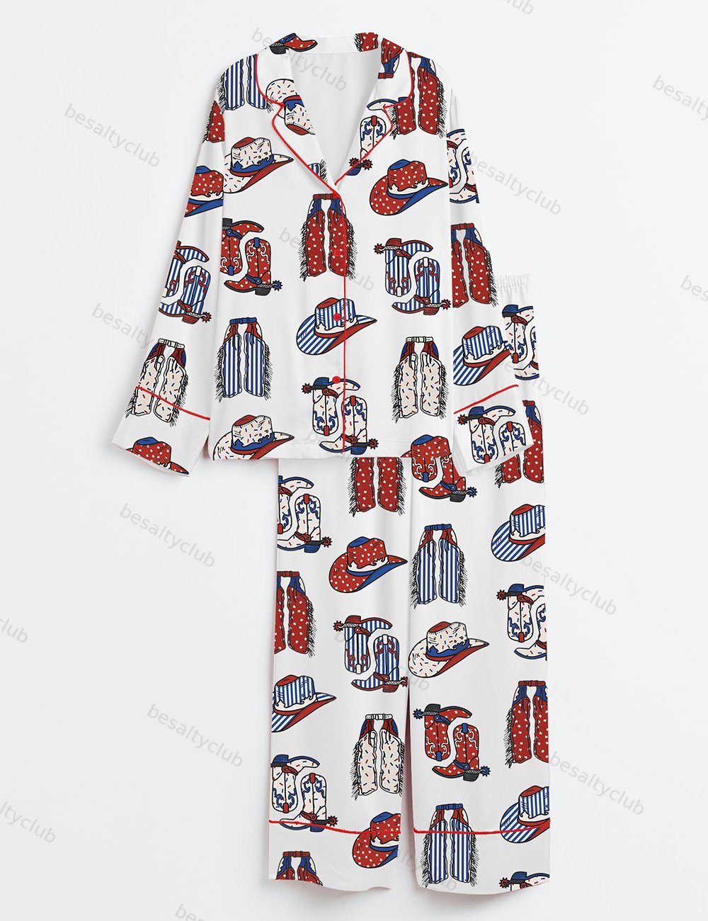 Boots Chaps Cowboy Hats Western 4th Of July Long Sleeve Satin Pajama Set