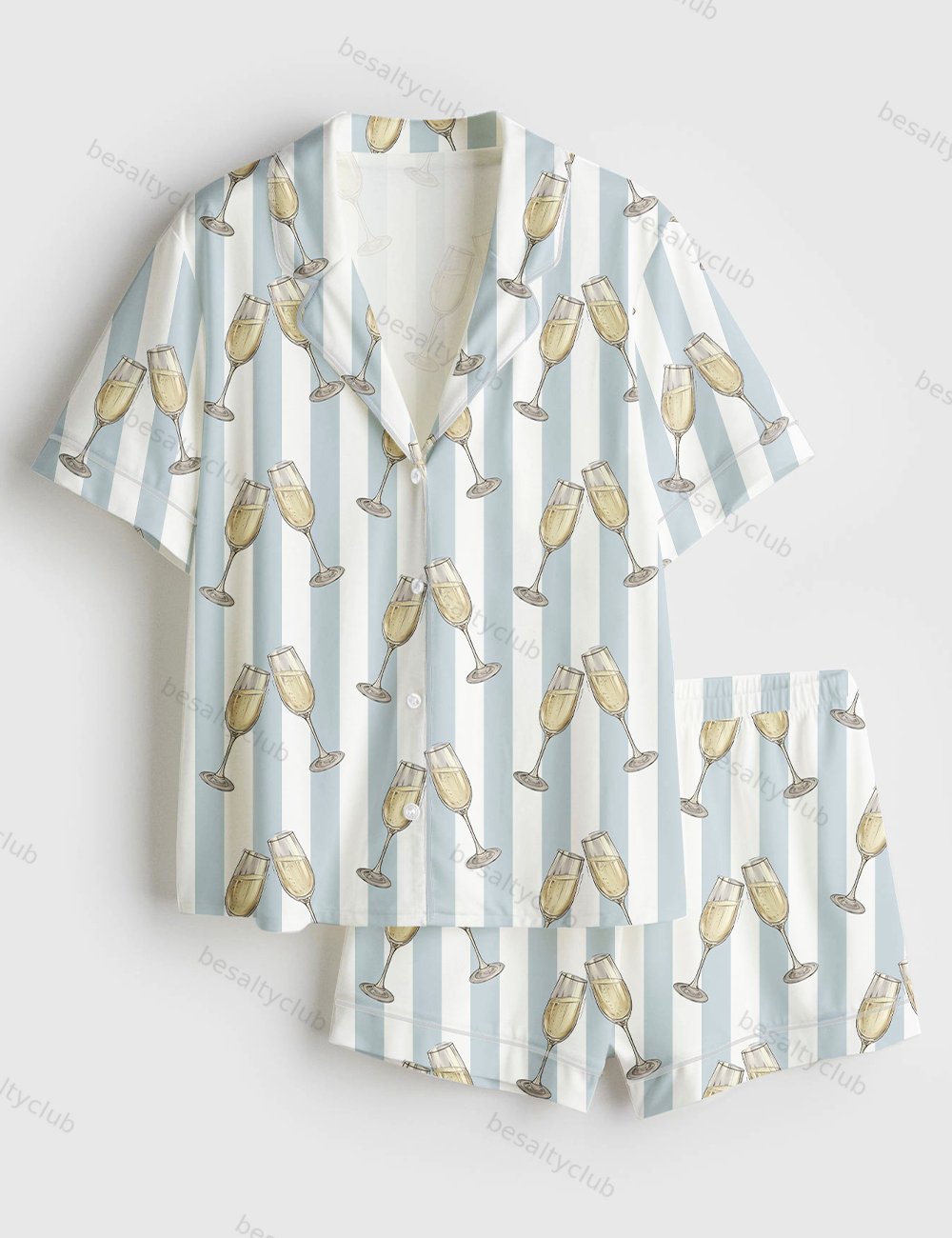 Blue Stripes Champagne Wine Lover Bachelorette Party Celebration Print Short Sleeve Satin Pajama Set