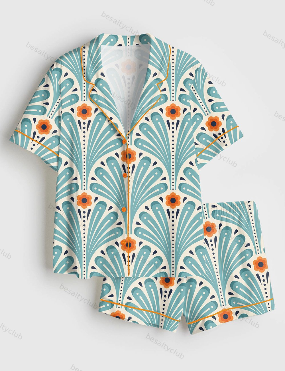 Tropical Maximalist Emerald Green Fans Sunset And Leaves Flowers Short Sleeve Satin Pajama Set