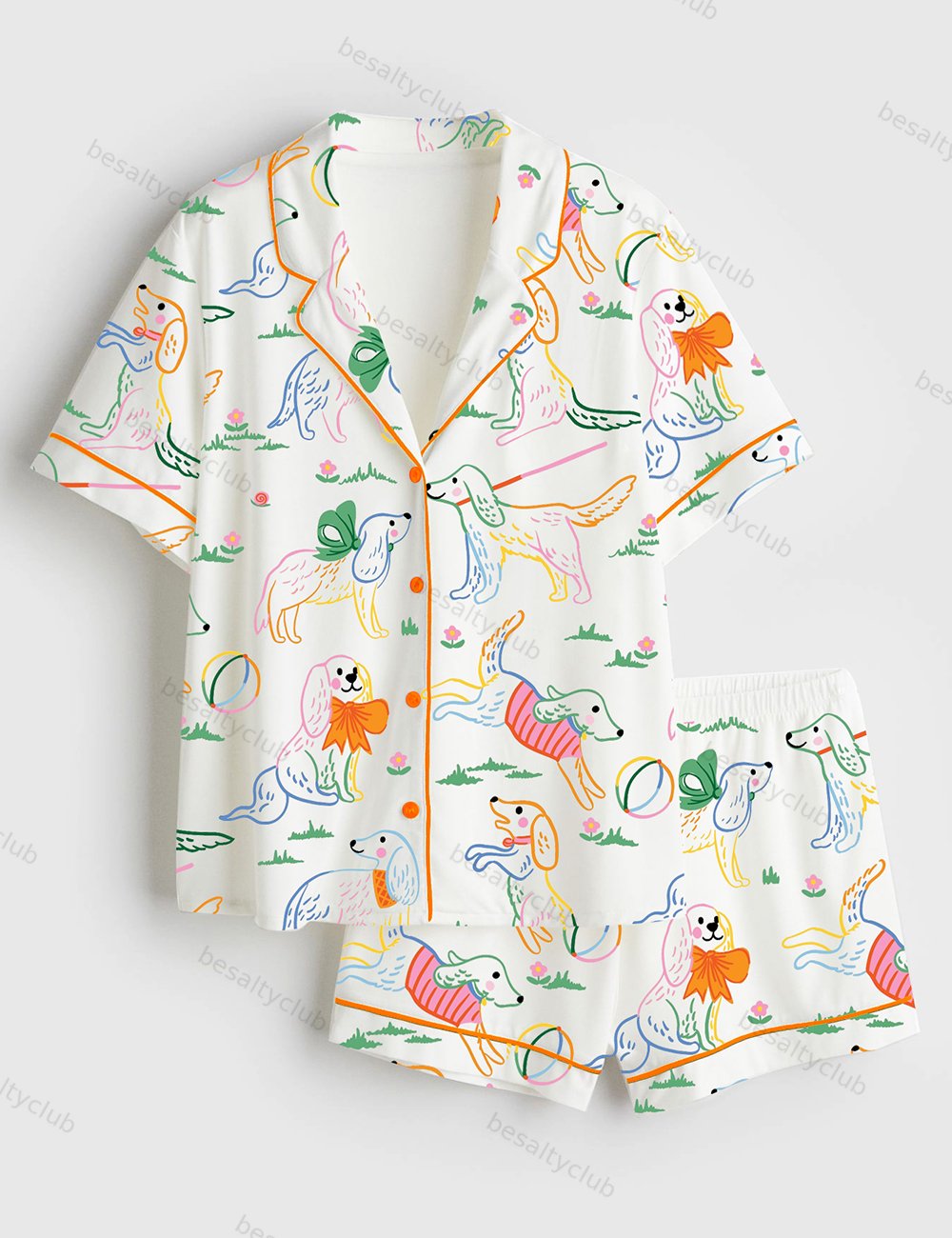 Cute Dog Illustration Short Sleeve Satin Pajama Set