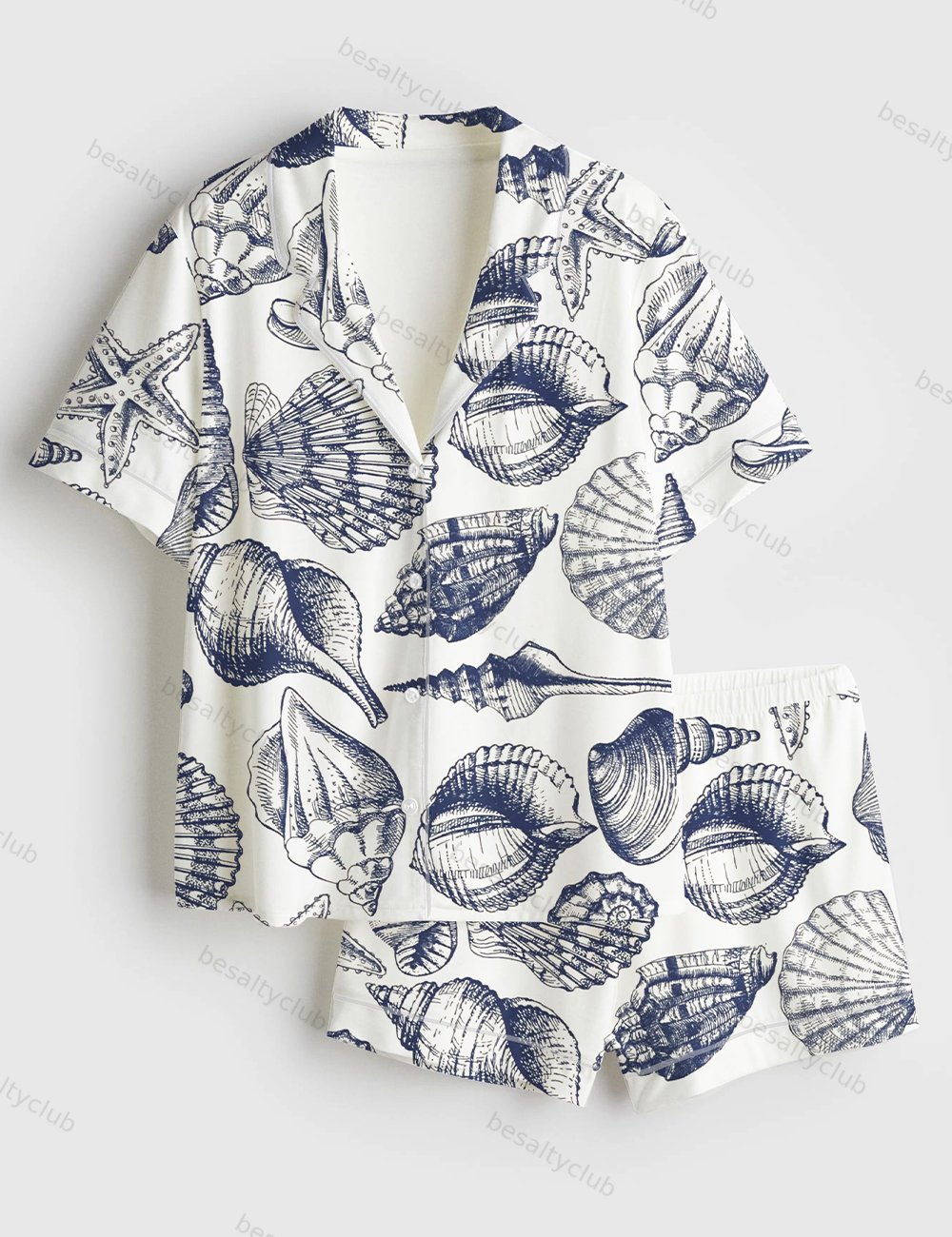 Vintage Seashell Coastal Aesthetic Summer Beach Travel Ocean Print Short Sleeve Satin Pajama Set