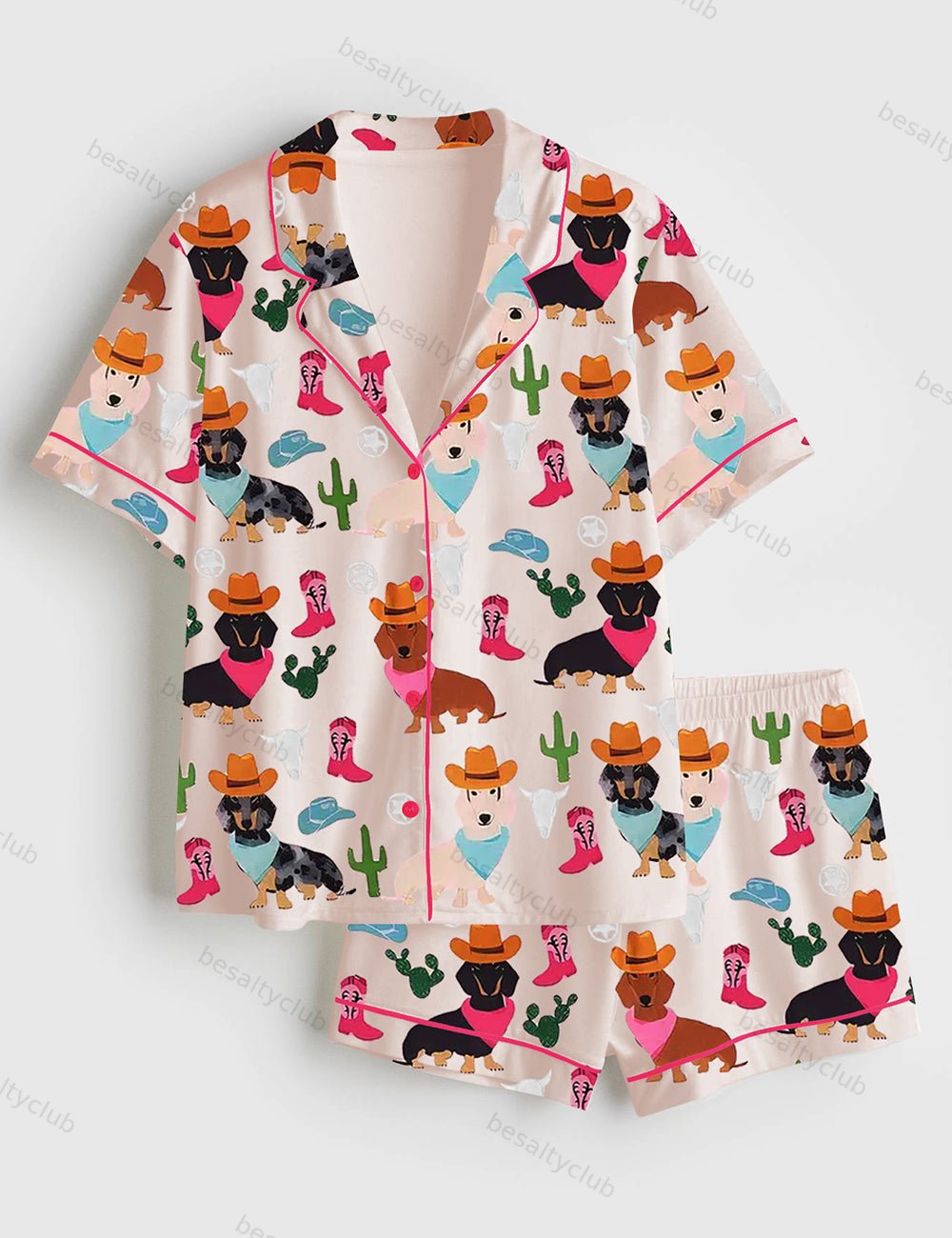 Cowboy Dachshund Dog Short Sleeve Satin Pajama Set