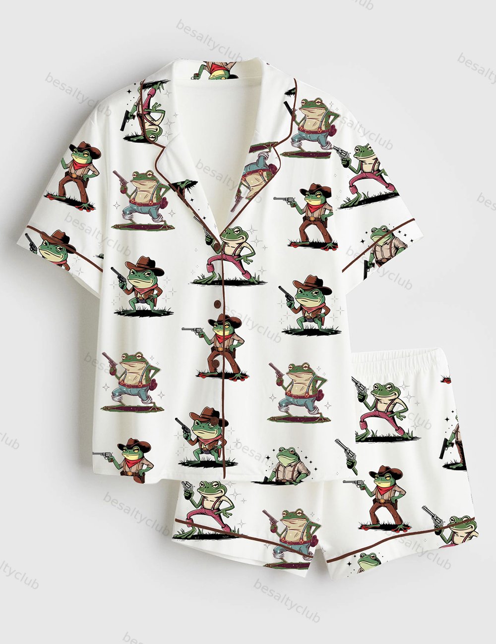 Cowboy Frog Funny Gun Short Sleeve Satin Pajama Set