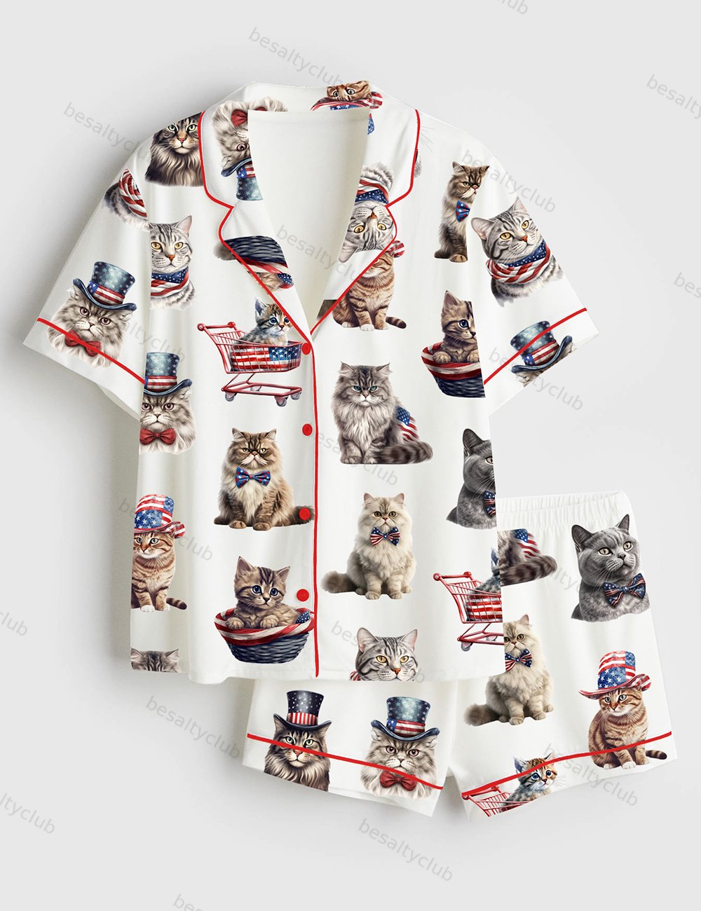 Independence Day Cat 4th Of July Short Sleeve Satin Pajama Set