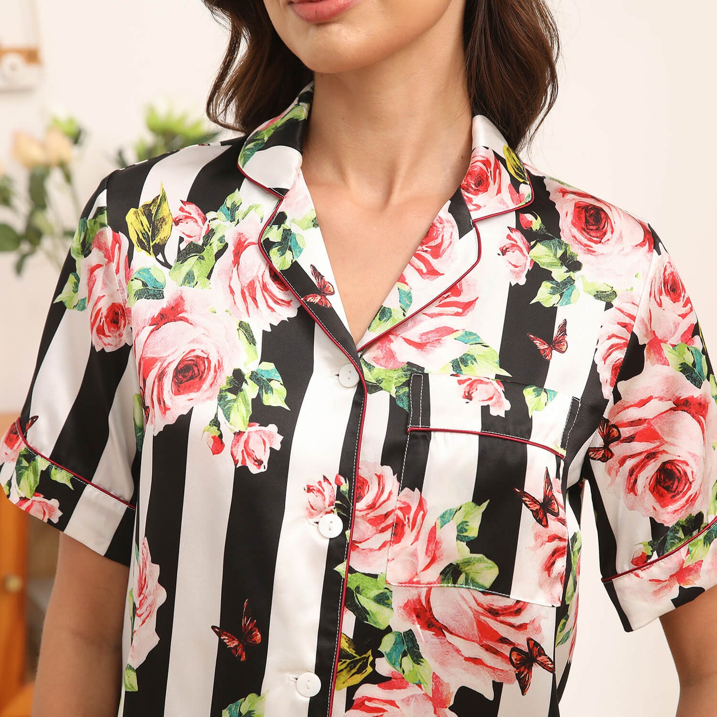 Womens Short Sleeve Silk Pajama Set Floral Stripe Print Silk PJS