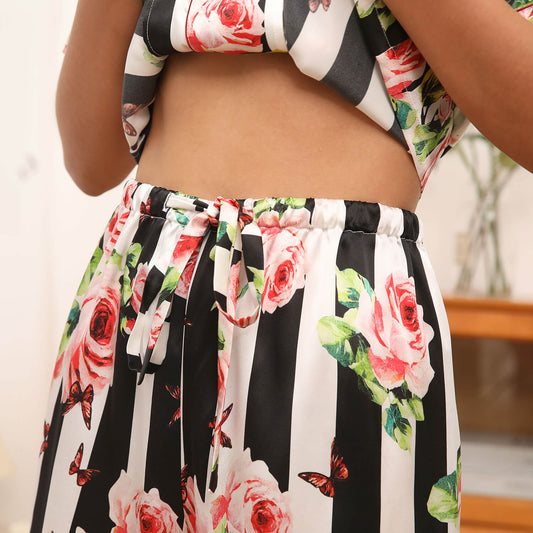 Womens Short Sleeve Silk Pajama Set Floral Stripe Print Silk PJS