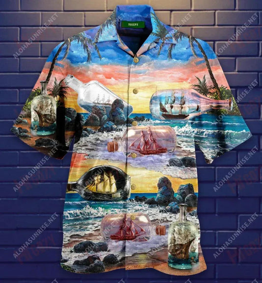 Happiness Is A Ship In A Bottle Short Hawaiian Shirt Vacation Aloha Shirt Hawaiian Crazy Shirts Funny Hawaiian Shirts, Hawaiian Shirt Gift, Christmas Gift