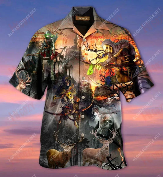 Skull Hunting Elk Short Sleeve Shirt Vacation Hawaiian T Shirts Custom Hawaiian Shirts Hawaiian Shirts For Women, Hawaiian Shirt Gift, Christmas Gift