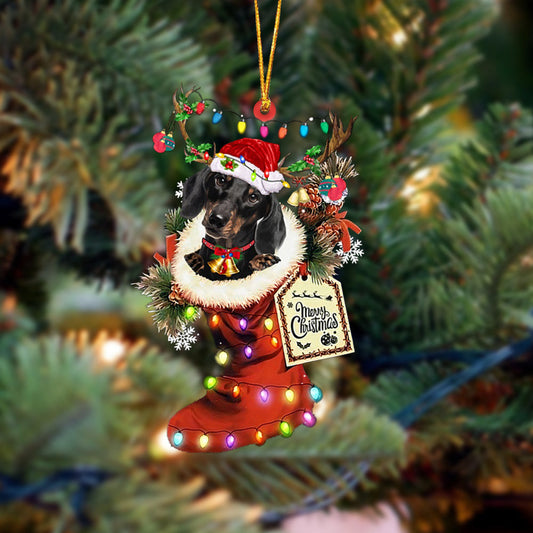 BLACK Dachshund-Xmas Boot-Two Sided Christmas Plastic Hanging Ornament, Christmas Ornament Gift, Christmas Gift, Christmas Decoration