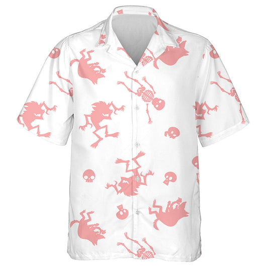 Halloween Wolf And Skeleton Pink Style Hawaiian Shirt, Hawaiian For Gift