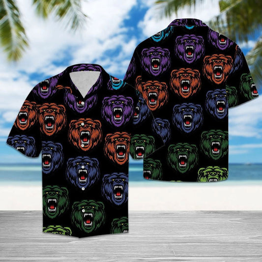 Awesome Bear Roaring Pattern Black Background Hawaiian Shirt,Hawaiian Shirt Gift, Christmas Gift