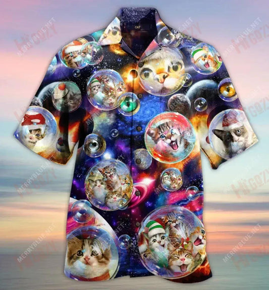 Funny Bubble Cats Christmas Short Short Sleeve Shirt Vacation Hawaiian T Shirts Best Hawaiian Shirts Hawaiian Shirts For Men, Hawaiian Shirt Gift, Christmas Gift