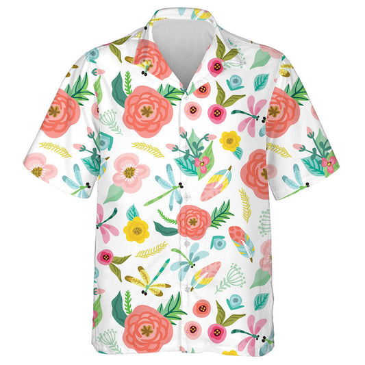 Bright Flying Dragonfly Flowers And Leaves Hawaiian Shirt, Hawaiian For Gift