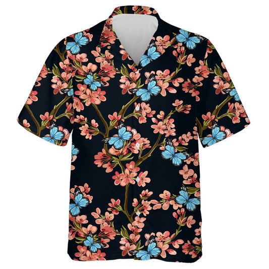 Butterflies With Tropical Japanese Flowers Spring Hawaiian Shirt, Hawaiian For Gift