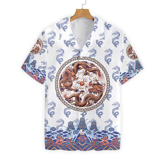 Chinoiserie Dragon White Background Pattern Hawaiian Shirt, Hawaiian For Gift