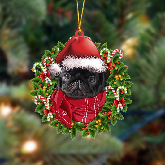 BLACK Pug-Xmas Bandana Hanging Christmas Plastic Hanging Ornament, Christmas Ornament Gift, Christmas Gift, Christmas Decoration