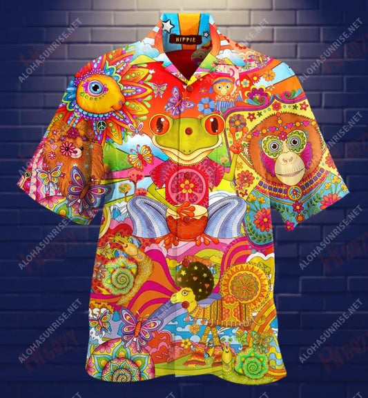 Happy Hippie Animal Short Short Sleeve Shirt Ocean Hawaiian T Shirts Hawaiian Crazy Shirts Hawaiian Shirts For Men, Hawaiian Shirt Gift, Christmas Gift