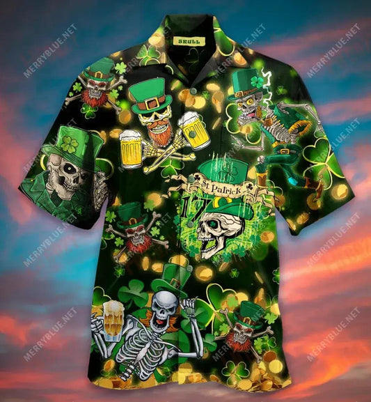 St. Patrick'S Day Skull Short Hawaiian Shirt Vacation Tropical Shirts Hawaiian Crazy Shirts Funny Hawaiian Shirts, Hawaiian Shirt Gift, Christmas Gift