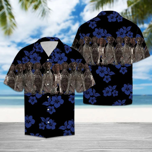 Awesome German Shorthaired Pointer On Navy Hibiscus Striped Hawaiian Shirt, Hawaiian Shirt Gift, Christmas Gift