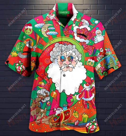 Hippie Santa Christmas Short Hawaiian Shirt Summer Hawaiian T Shirts Hawaiian Crazy Shirts Crazy Shirts Hawaii, Hawaiian Shirt Gift, Christmas Gift