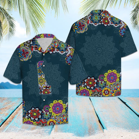 Map Of Delaware Mandala Patchwork Blue Pattern Hawaiian Shirt, Hawaiian Shirt Gift, Christmas Gift