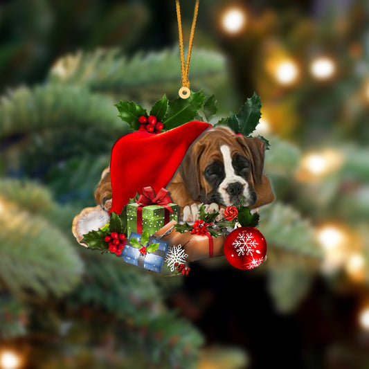 Boxer-Sleeping In Hat Two Sides Christmas Plastic Hanging Ornament, Christmas Ornament Gift, Christmas Gift, Christmas Decoration