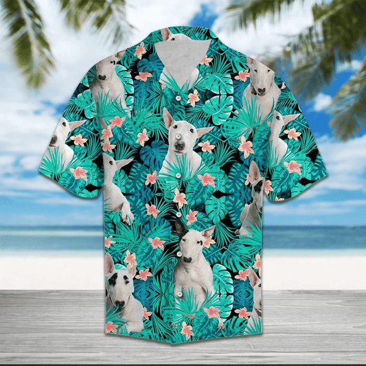 Bull Terrier Behind Flower Pattern Hawaiian Shirt, Hawaiian For Gift