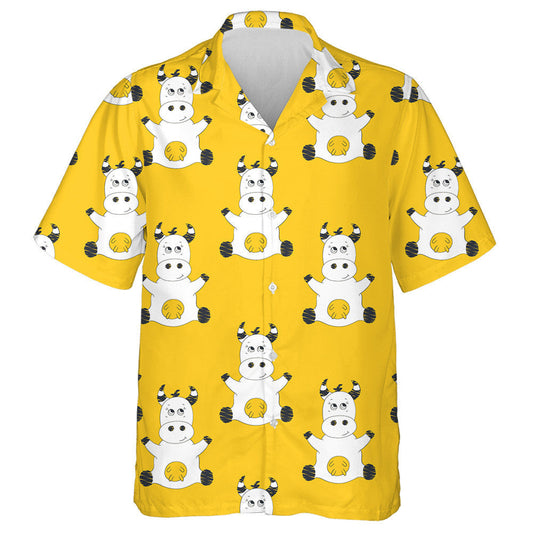Hand Drawn Cute Cow On Yellow Hawaiian Shirt, Hawaiian For Gift