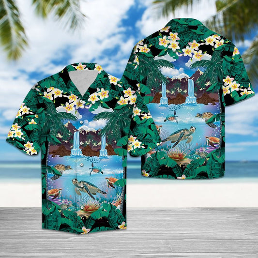 Awesome Turtle Palm Leaves Hibiscus Summer Vacation Themed Hawaiian Shirt, Hawaiian Shirt Gift, Christmas Gift