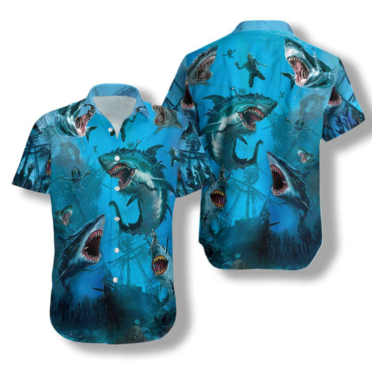 Angry Shark Under The Sea Hawaiian Shirt, Hawaiian Shirt Gift, Christmas Gift