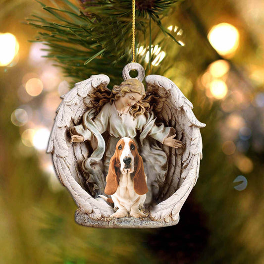 Basset Hound (1)-Angel Hug Winter Love Two Sided Christmas Plastic Hanging Ornament, Christmas Ornament Gift, Christmas Gift, Christmas Decoration