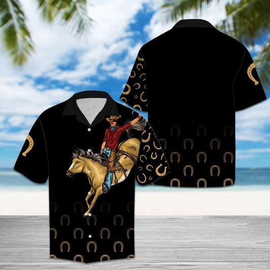 Cowboy Riding Horse With Golden Horseshoes In Black Hawaiian Shirt, Hawaiian Shirt Gift, Christmas Gift