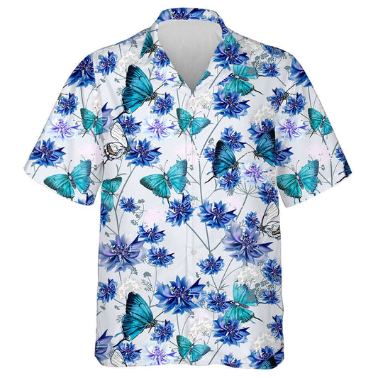 Hand Drawn Blue Cornflowers And Butterflies Hawaiian Shirt, Hawaiian For Gift