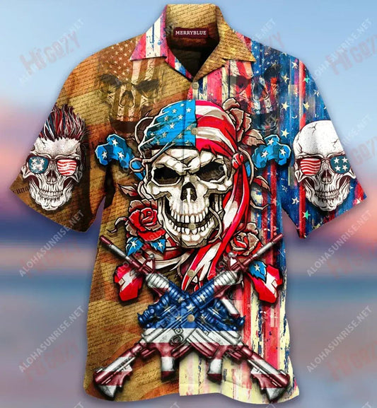 Patriotic Flower Skull Unixex Short Sleeve Shirt Ocean Hawaiian T Shirts Hawaiian Crazy Shirts Hawaiian Shirts For Women, Hawaiian Shirt Gift, Christmas Gift