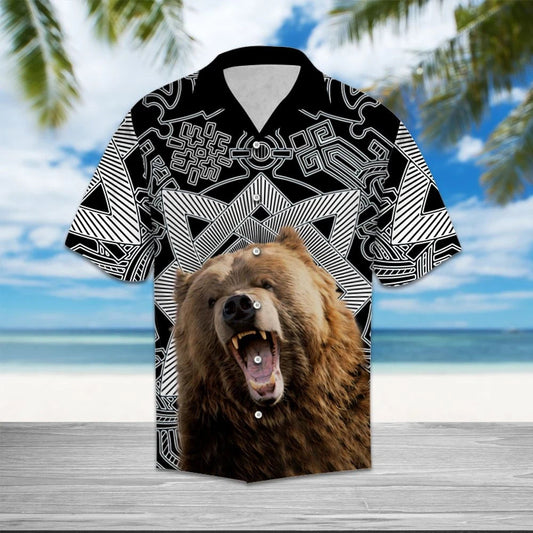 Bear Roaring Black And White Art Hawaiian Shirt, Hawaiian For Gift