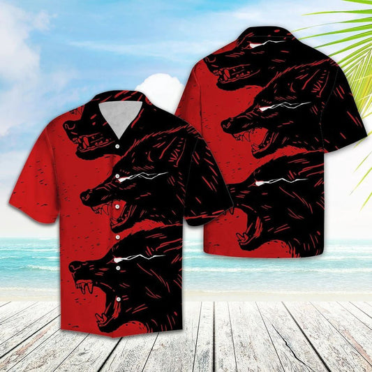 Hawaiian Shirt Scary Wolves Open Large Mouth Red Theme, Hawaiian Shirt Gift, Christmas Gift