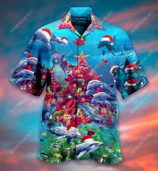 Dolphin Merry Christmas Unisex Short Short Sleeve Shirt Summer Hawaiian T Shirts Vintage Hawaiian Shirts Funny Hawaiian Shirts, Hawaiian Shirt Gift, Christmas Gift