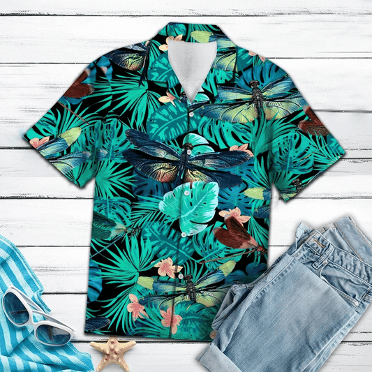 Beautiful Tropical Flower Dragonfly Pattern Hawaiian Shirt, Hawaiian For Gift