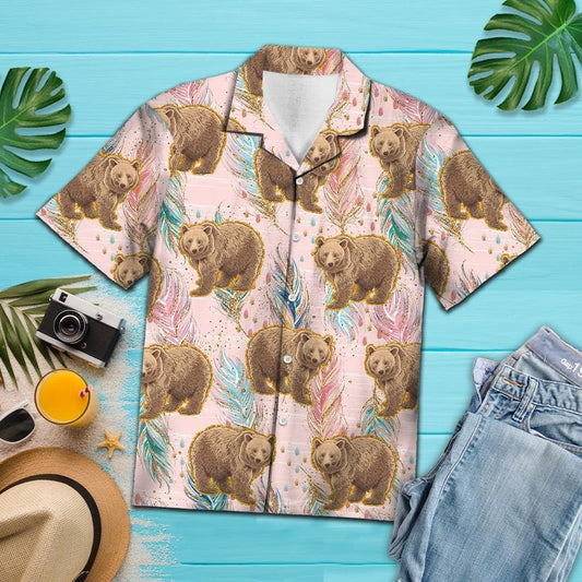 Cartoon Brown Bear Boho Feather On Pink Pattern Hawaiian Shirt, Hawaiian Shirt Gift, Christmas Gift