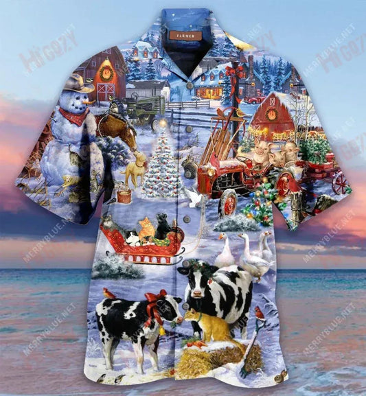 Christmas Night On The Farm Short Hawaiian Shirt Hobbies Short Sleeve Custom Hawaiian Shirts Hawaiian Shirts For Women, Hawaiian Shirt Gift, Christmas Gift