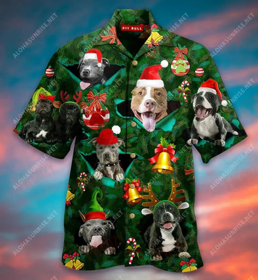Merry Pit-Mas Pit Bull Short Hawaiian Shirt Hobbies Tropical Shirts Best Hawaiian Shirts Funny Hawaiian Shirts, Hawaiian Shirt Gift, Christmas Gift