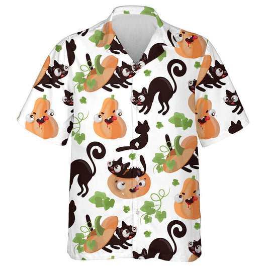 Halloween Cat And Pumpkin With Leaves Hawaiian Shirt, Hawaiian For Gift