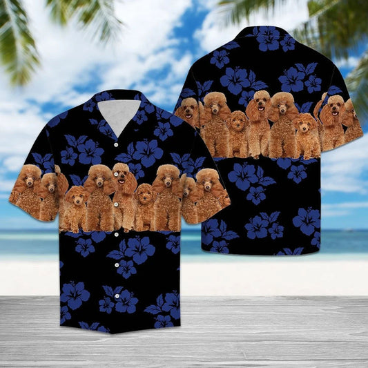 Cute Poodle With Blue Hibiscus In Black Design Hawaiian Shirt, Hawaiian Shirt Gift, Christmas Gift
